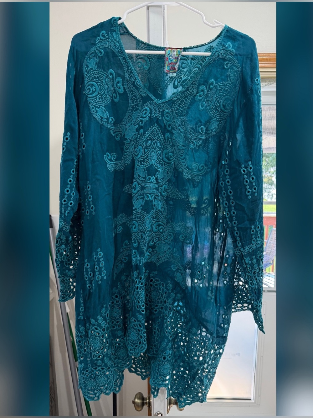 Johnny Was Teal Embroidered Long Sleeve Women's Top